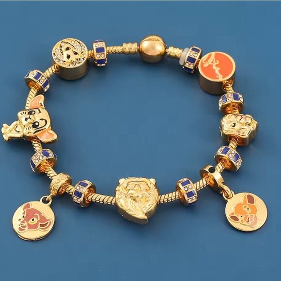 Gold Plated Disney Lion King Themed Enameled Loaded Charm Bracelet - Picture 2 of 5